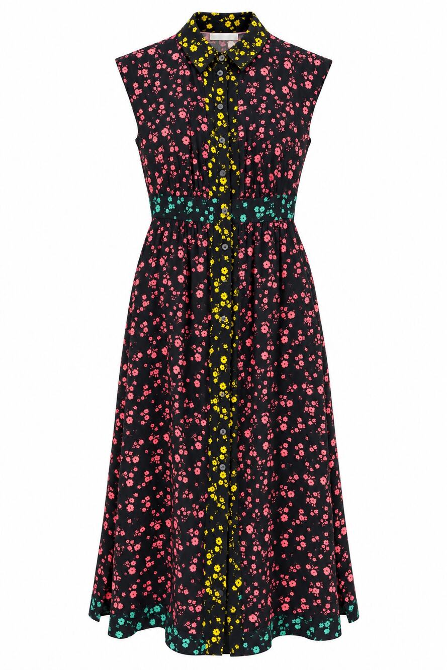 Boden Floral Button Front Midi Shirt Dress Black Pink Yellow US 8R